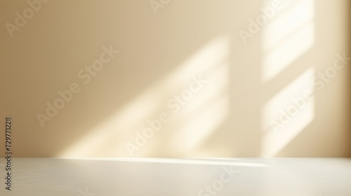Minimalist abstract soft light beige background for product presentation with sunlight shadow from the window.