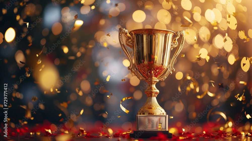championship cup or winner trophy in golden and silver shiny chrome with celebration confetti championship cup or winner trophy in golden and silver shiny chrome with celebration confetti