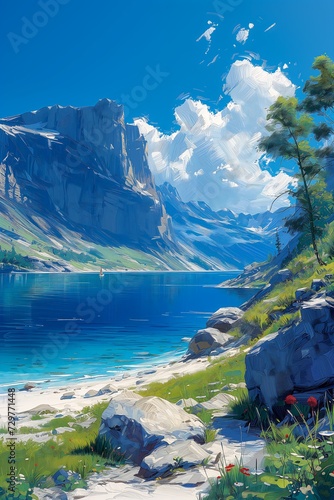 mountain lake background bright summer day insanely quality view zoomed out furry blue white color photo