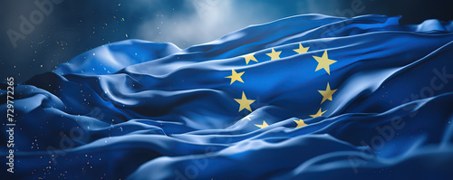  flag of the European Union, adorned with a circle of golden stars, flutters gracefully in the sunlight