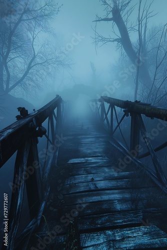 wooden bridge foggy forest trees fallout demonology walking right blue dream graphics valley damned background future broken road photo