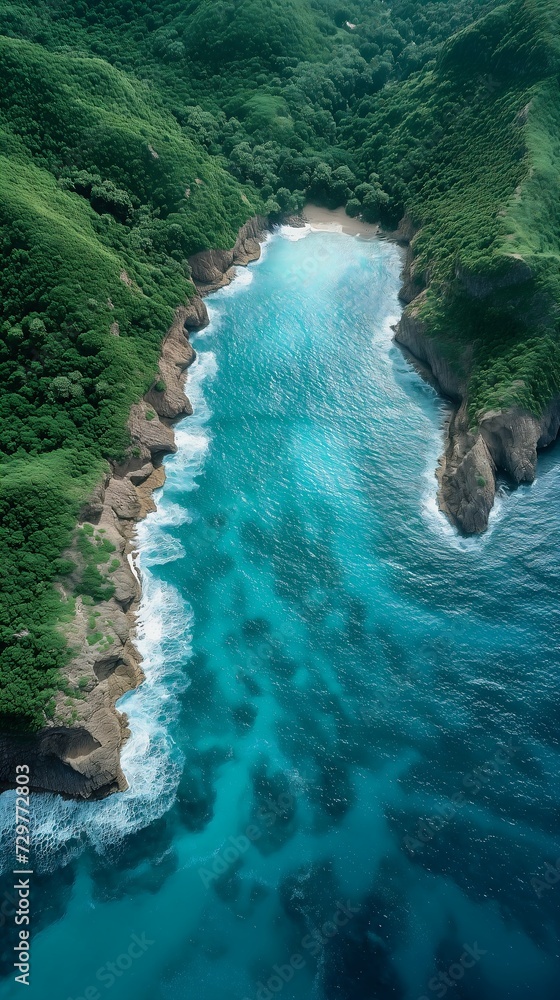 Obraz premium aerial view body deep surrounded green hills crashing waves tropical prints chalk cliff jungles young zoomed out