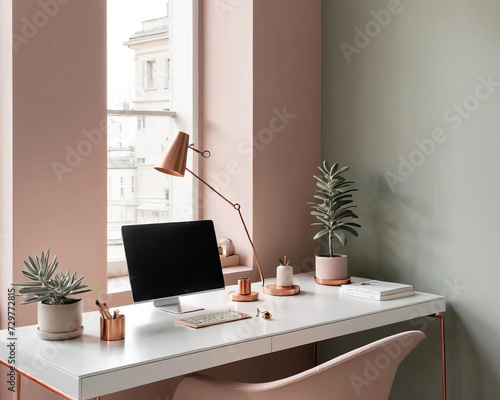 Minimalistic Home Office Interior - Open Space with Compact Living Setting Gen AI photo