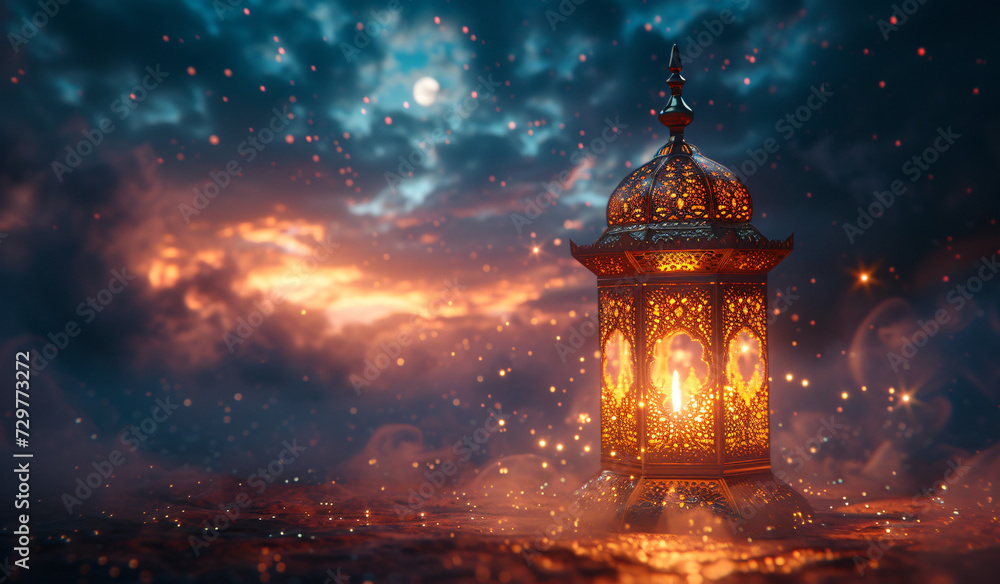 Happy Ramadan, Welcome Ramadan, Eid ul FItr backgrounds - islamic lantern on the background with moon and stars on gold background, calligraphy-inspired - Ai