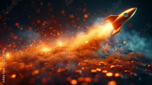 Rocket igniting with a powerful blaze, metaphorically illustrating innovation and breakthrough on a dark background