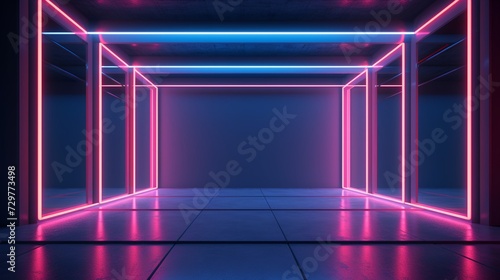 3D empty studio room with neon lights, futuristic theme with RGB lights.