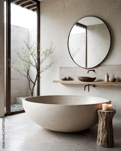 Tranquil Zen Bathroom with Rustic Minimalist Design and Reflective Surfaces Gen AI photo