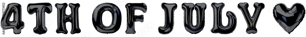 Set of Black shiny balloons shaped 4TH OF JULY with heart cutout on transparent background. USA Independence Day. Mockup template for graphic design. advertisement. product presentation. Set of Black shiny balloons shaped 4TH OF JULY with heart cutout on transparent background. USA Independence Day. Mockup template for graphic design. advertisement. product presentation.
