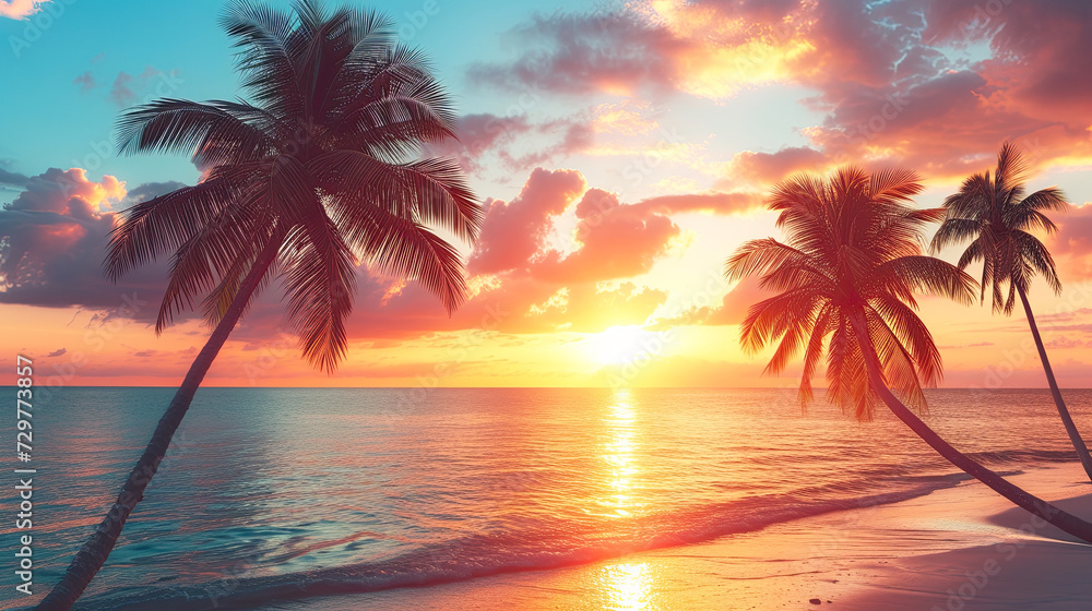 Sunset paints the sky in hues of pink and orange over a tranquil tropical beach, with silhouettes of palm trees swaying gently.
