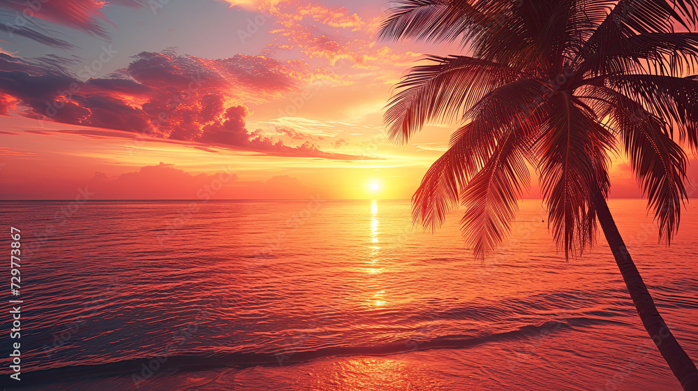 Sunset paints the sky in hues of pink and orange over a tranquil tropical beach, with silhouettes of palm trees swaying gently.
