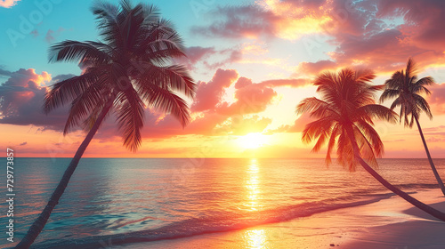 Sunset paints the sky in hues of pink and orange over a tranquil tropical beach, with silhouettes of palm trees swaying gently. 