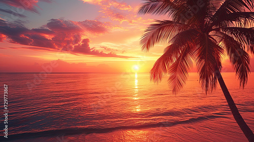 Sunset paints the sky in hues of pink and orange over a tranquil tropical beach, with silhouettes of palm trees swaying gently. 