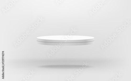 White and gray room with flying circle stage podium. Levitated stage platform and display for product presentation. Realistic 3d style. vector illustration.