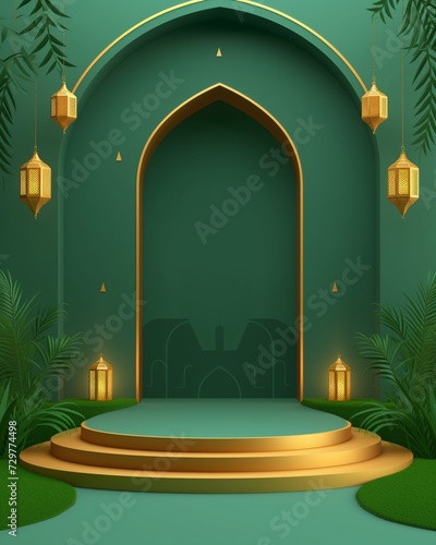 3d modern islamic podium in green background with lantern, mosque, grass, plant, gold. banner for islamic banner festivity like eid al adha, fitr, ramadhan, etc