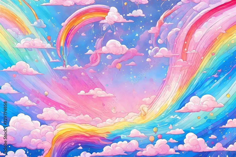 multi colorful clouds painting  with unicorn flying below nd upper the clouds abstract background 