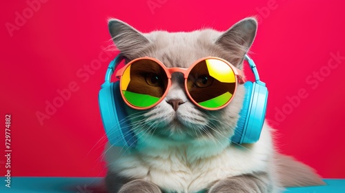 A cool cat in a stylish image, wearing sunglasses, listening to music in wireless headphones on a bright, colorful background. © Cherkasova Alie