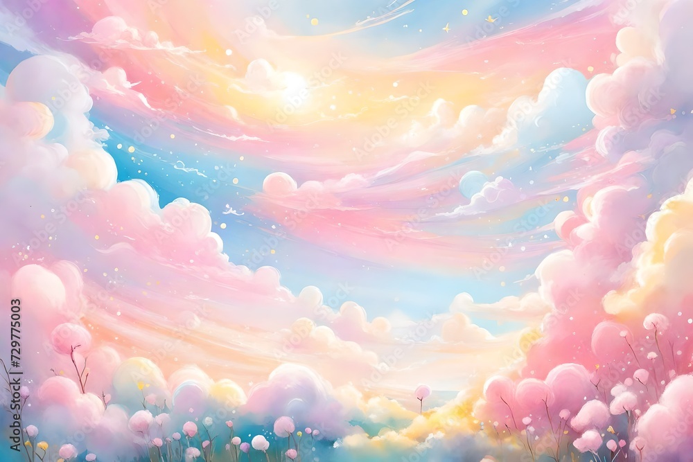 multi colorful clouds painting  with unicorn flying below nd upper the clouds abstract background  - obrazy, fototapety, plakaty 