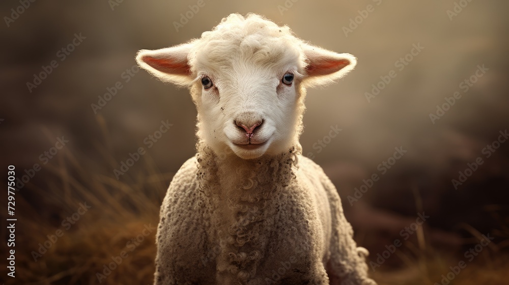 Obraz premium A little lamb is standing in a field. Agricultural industry.