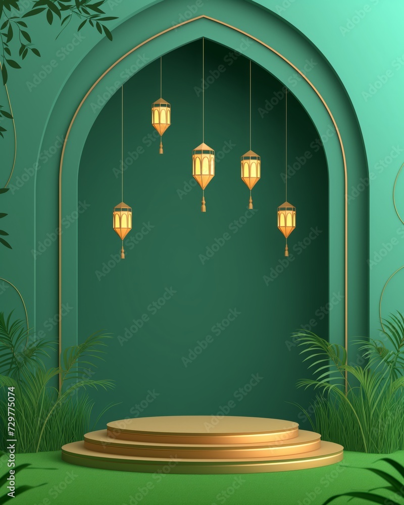 custom made wallpaper toronto digital3d modern islamic podium in green background with lantern, mosque, grass, plant, gold. banner for islamic banner festivity like eid al adha, fitr, ramadhan, etc