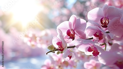 Sunlit Phalaenopsis Orchids Against Pink Blossoms