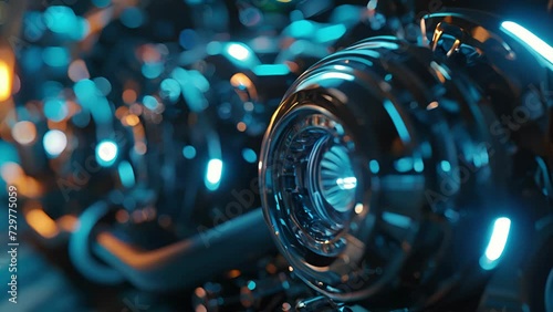 The camera moves in close on a neon blue bulb amplifying the shine on the engines polished surfaces and creating a futuristic feel. photo