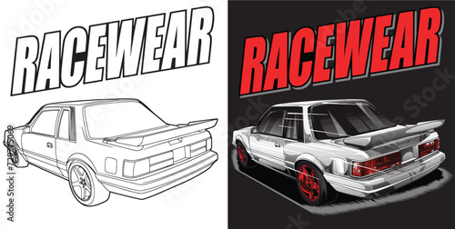 Outline and painted racing car. Isolated in black background, for t-shirt design, print, and for business purposes.