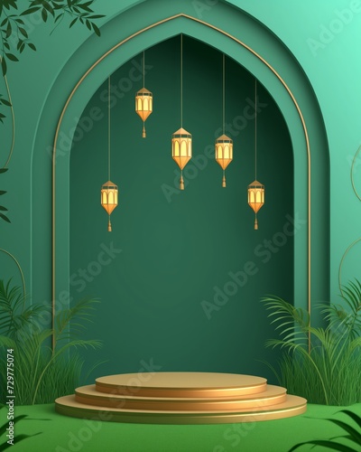 Wallpaper Mural 3d modern islamic podium in green background with lantern, mosque, grass, plant, gold. banner for islamic banner festivity like eid al adha, fitr, ramadhan, etc Torontodigital.ca