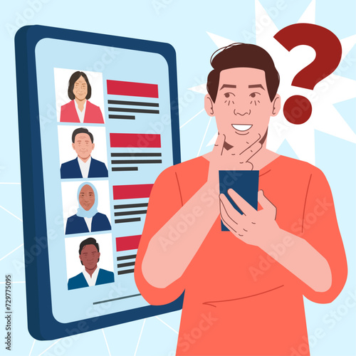 man question thinking election day vote presidential in flat illustration