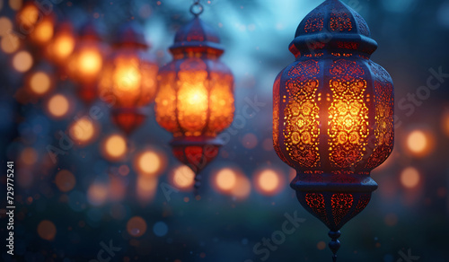 Happy Ramadan, Welcome Ramadan, Eid ul FItr backgrounds - islamic lantern on the background with moon and stars on gold background, calligraphy-inspired - Ai