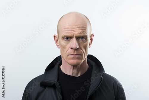 Portrait of a bald man in a black jacket. Isolated on white background.