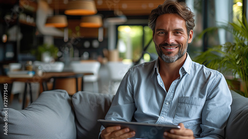 Portrait of a handsome young businessman sitting on a modern sofa. Holding a digital tablet and smiling broadly at the camera