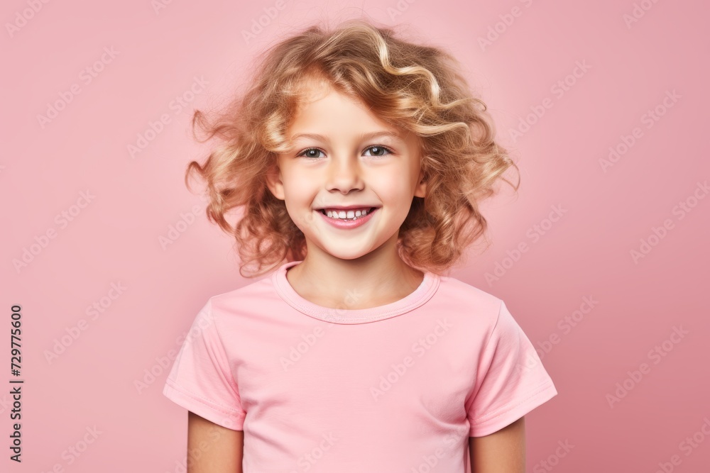 Portrait of a cute little girl with blond curly hair over pink background. Portrait of a cute little girl with blond curly hair over pink background.