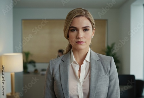 portrait capturing the essence of a young transfeminine businesswoman, who is transgender, standing in her business office, exuding confidence and professionalism photo