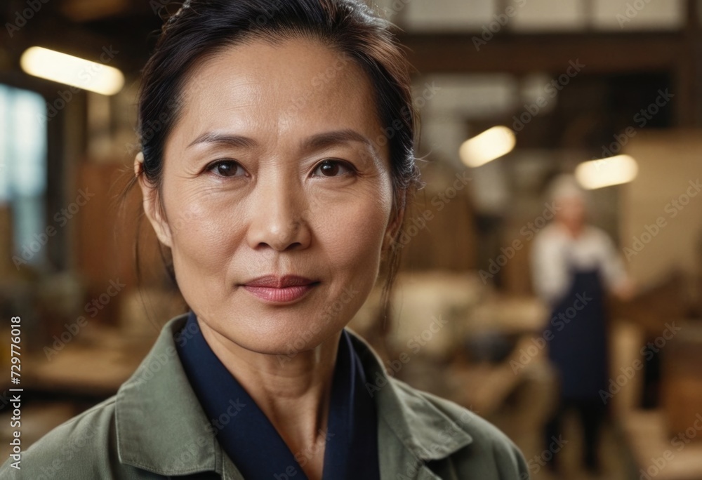 portrait of a mature Asian woman exuding confidence, set against the backdrop of a busy workshop portrait of a mature Asian woman exuding confidence, set against the backdrop of a busy workshop