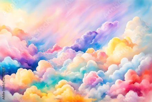 multi colorful clouds painting with unicorn flying below nd upper the clouds abstract background 