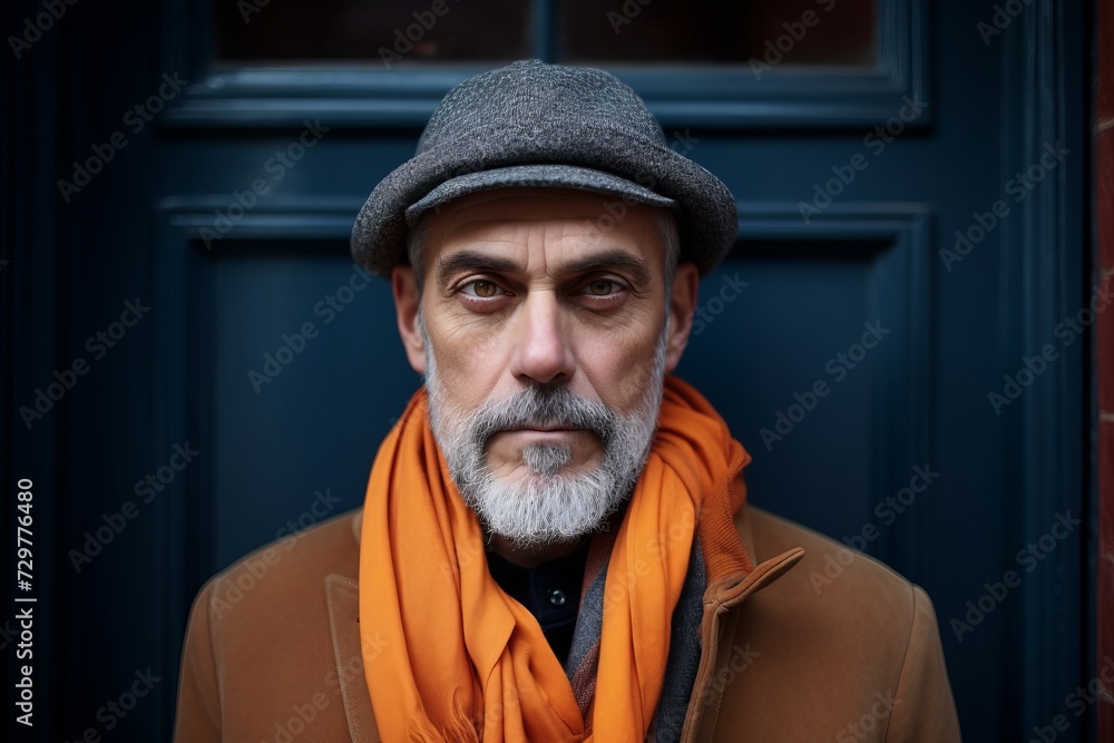 Portrait of a senior man in a hat and orange scarf. Portrait of a senior man in a hat and orange scarf.