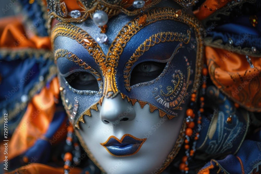 Fototapeta premium Close-up of the beautiful face of model C in a carnival mask. A traditional carnival mask.