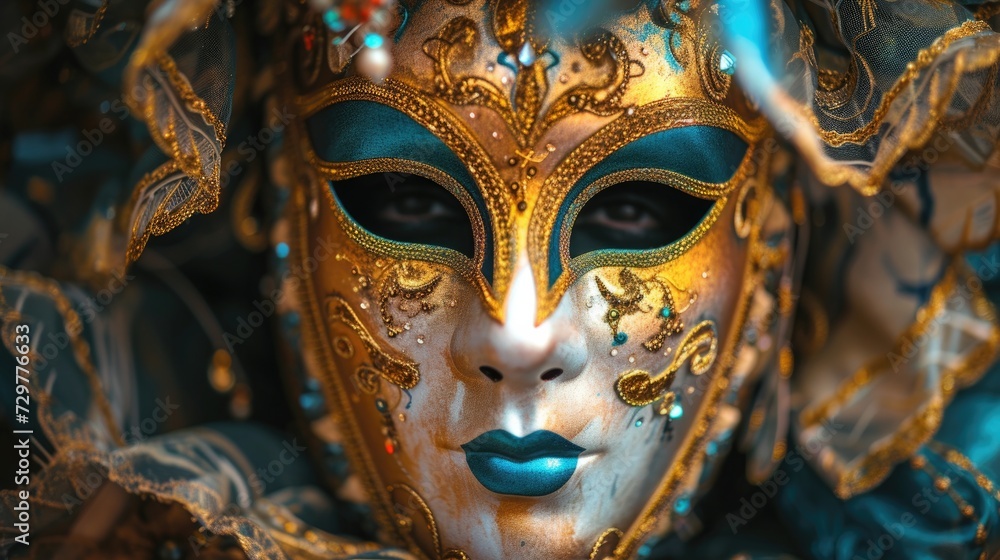 Close-up of the beautiful face of model C in a carnival mask. A traditional carnival mask.