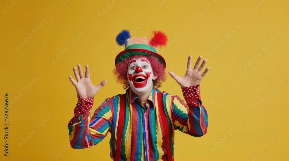 A studio photo of a man in a clown costume. A staged photo of the model on a yellow background.