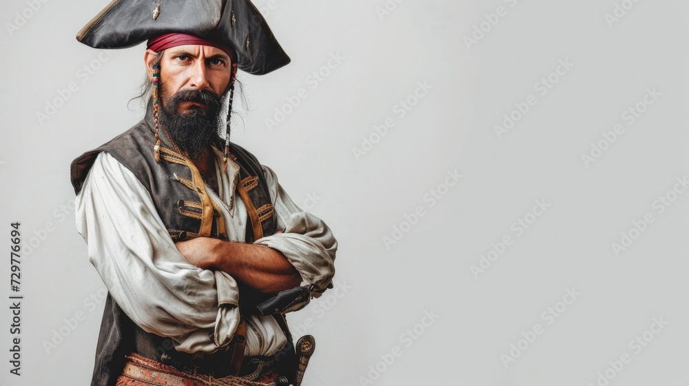 Fototapeta premium Studio photo of a pirate on a white background. The captain has a beard, a hat and a suit.