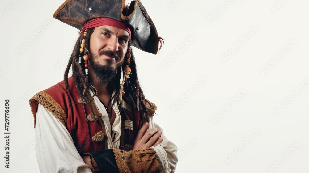 Obraz premium Studio photo of a pirate on a white background. The captain has a beard, a hat and a suit.