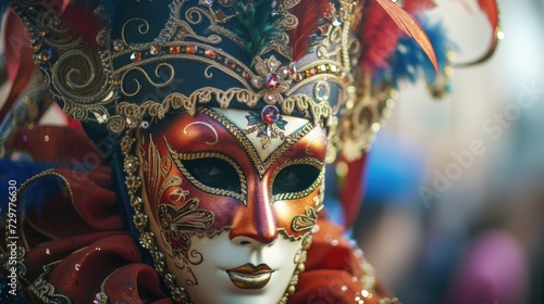 Portrait of a man in a carnival mask, close-up. The outfit is in red and blue with shiny inserts. Festive clothes for costume ball