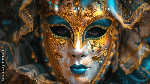 Close-up of the beautiful face of model C in a carnival mask. A traditional carnival mask. © Diana Galieva