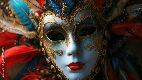 Portrait of a man in a carnival mask, close-up. The outfit is in red and blue with shiny inserts. Festive clothes for costume ball