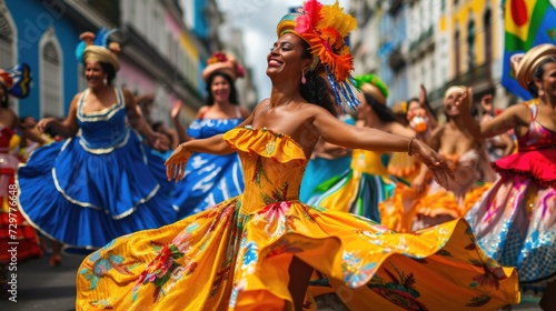 Brazilian women dance in beautiful dresses at the carnival.