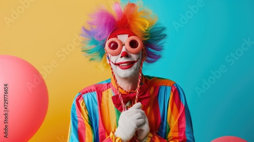 A model in a clown costume. Studio photo of a man in a bright suit of different colors, funny hairstyle and glasses