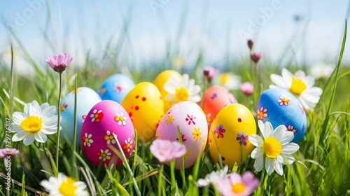 Colorful Easter eggs decorated with flowers in the grass on blue sky background.