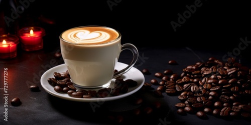 Coffee cup with latte art and coffee beans on black background