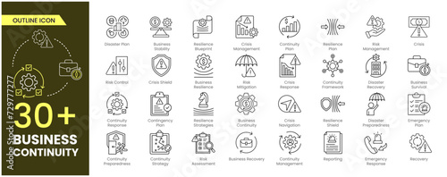 Business Continuity Outline icon set. Business team, Business Recovery, partnership, startup, Business
Survival, Risk Management, management, profit and successful key icons. Outline icons Collection.