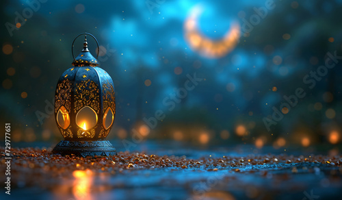 Happy Ramadan, Welcome Ramadan, Eid ul FItr backgrounds - islamic lantern on the background with moon and stars on gold background, calligraphy-inspired - Ai photo